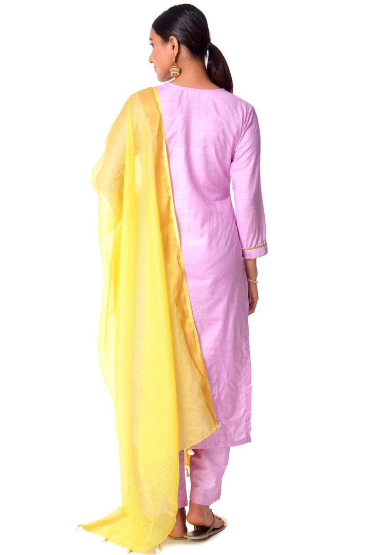 anokherang Combos Lavender Silk Kurti with Straight Palazzos and Yellow Kota Dupatta