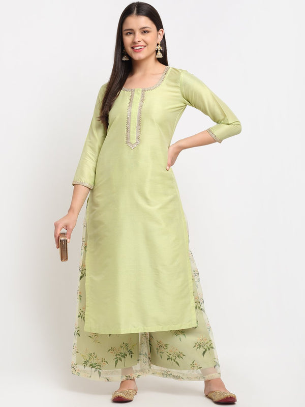 anokherang Combos Leaf Green Straight Kurti with Printed Palazzo