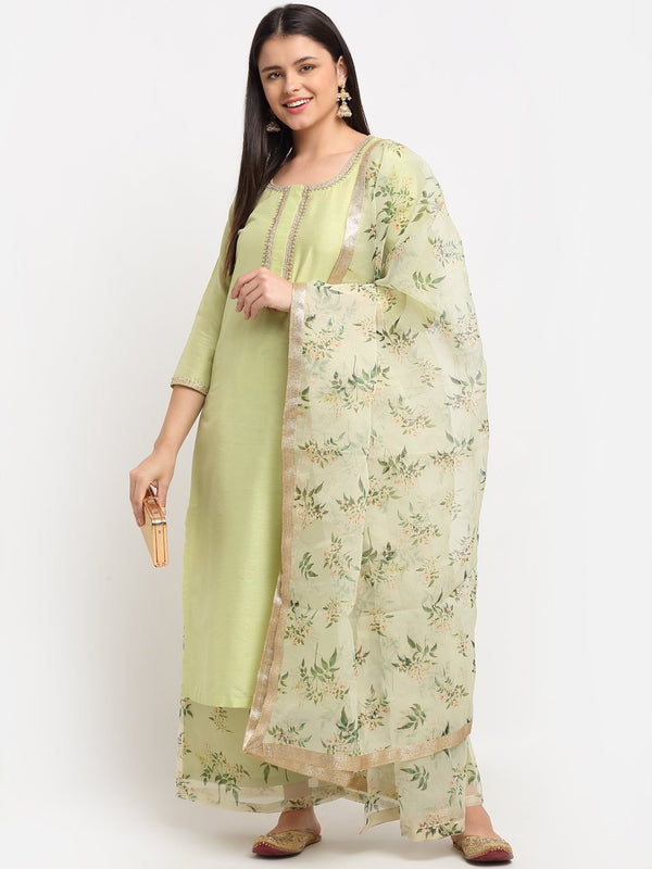 anokherang Combos Leaf Green Straight Kurti with Printed Palazzo and Organza Dupatta