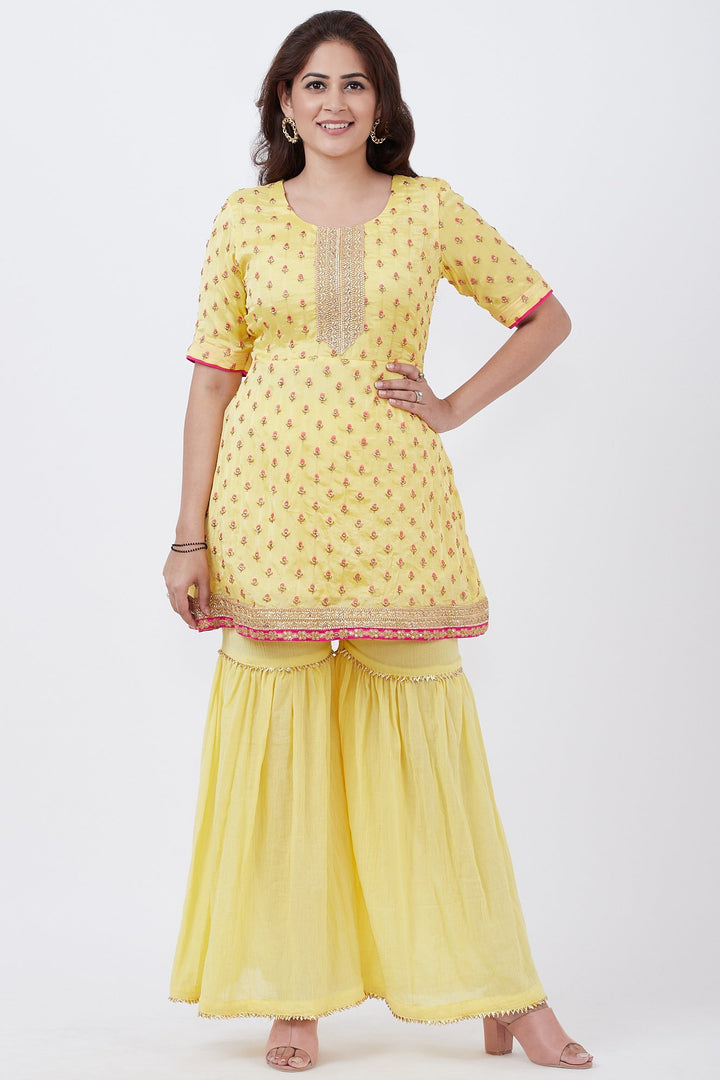 anokherang Combos Lemon Embroidered Short Kurti wirh gharara