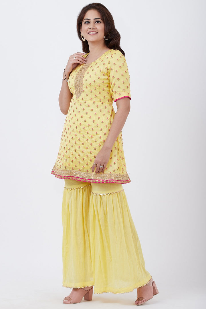 anokherang Combos Lemon Embroidered Short Kurti wirh gharara