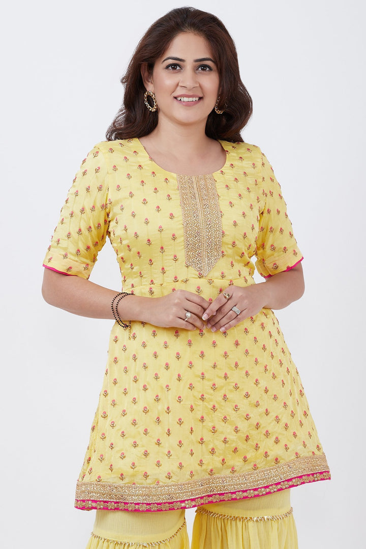 anokherang Combos Lemon Embroidered Short Kurti wirh gharara