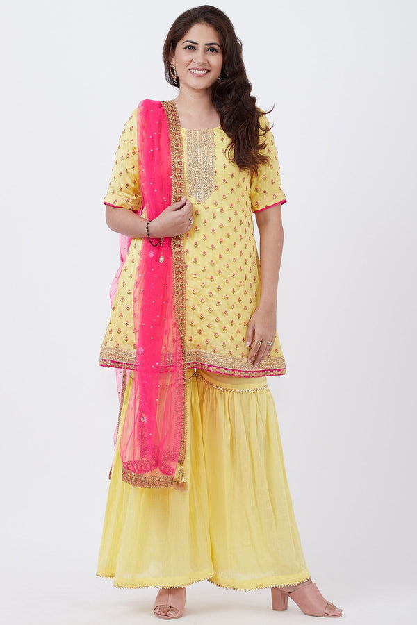 anokherang Combos Lemon Embroidered Short Kurti wirh gharara and pink Dupatta