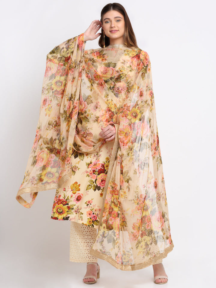 anokherang Combos Lemon Floral Kurti with Straight Palazzo and Chiffon Dupatta