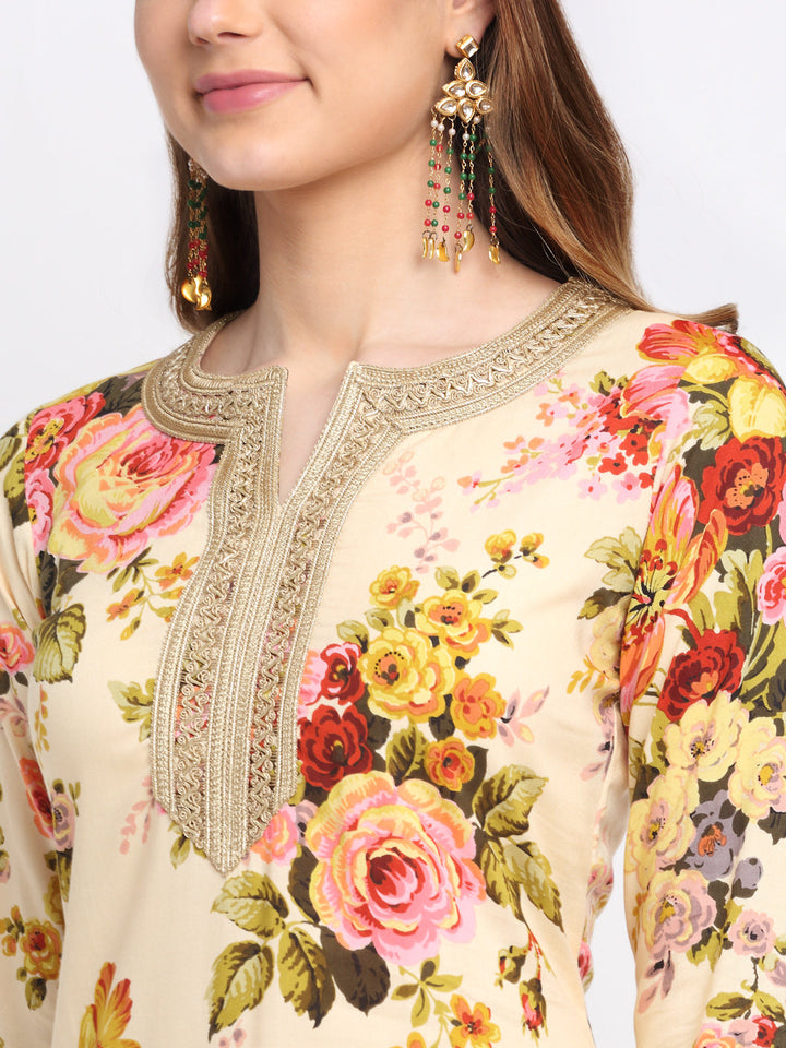 anokherang Combos Lemon Floral Kurti with Straight Palazzo and Chiffon Dupatta