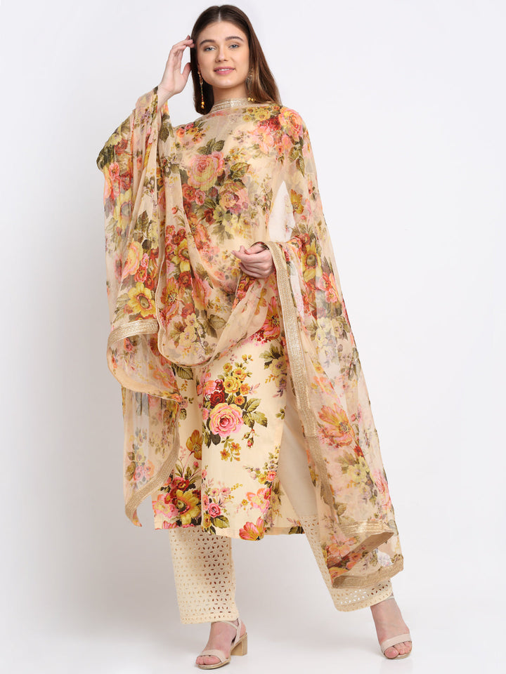 anokherang Combos Lemon Floral Kurti with Straight Palazzo and Chiffon Dupatta