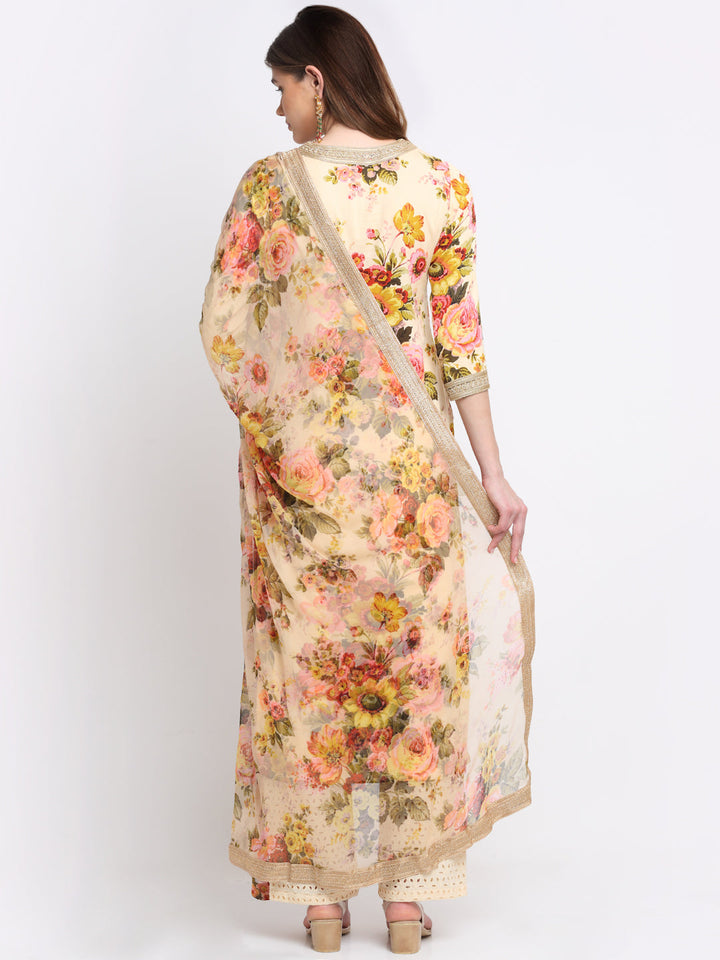 anokherang Combos Lemon Floral Kurti with Straight Palazzo and Chiffon Dupatta