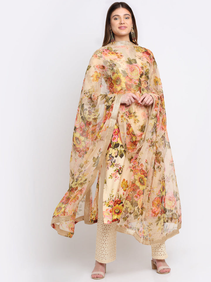 anokherang Combos Lemon Floral Kurti with Straight Palazzo and Chiffon Dupatta