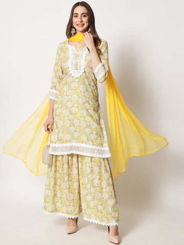 anokherang Combos Lemon Yellow Crochet kurti and sharara and Dupatta