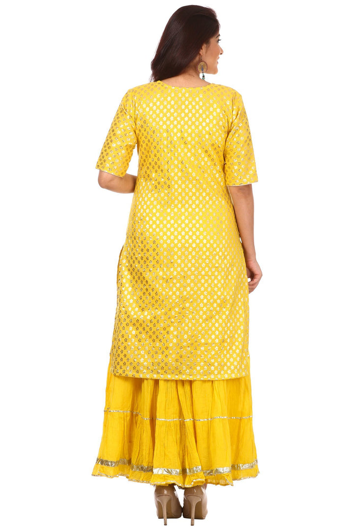 anokherang Combos Lemony Lemon Gotta Short Kurti with Gathered Sharara and Gold Pearl Thread Embroidered Dupatta