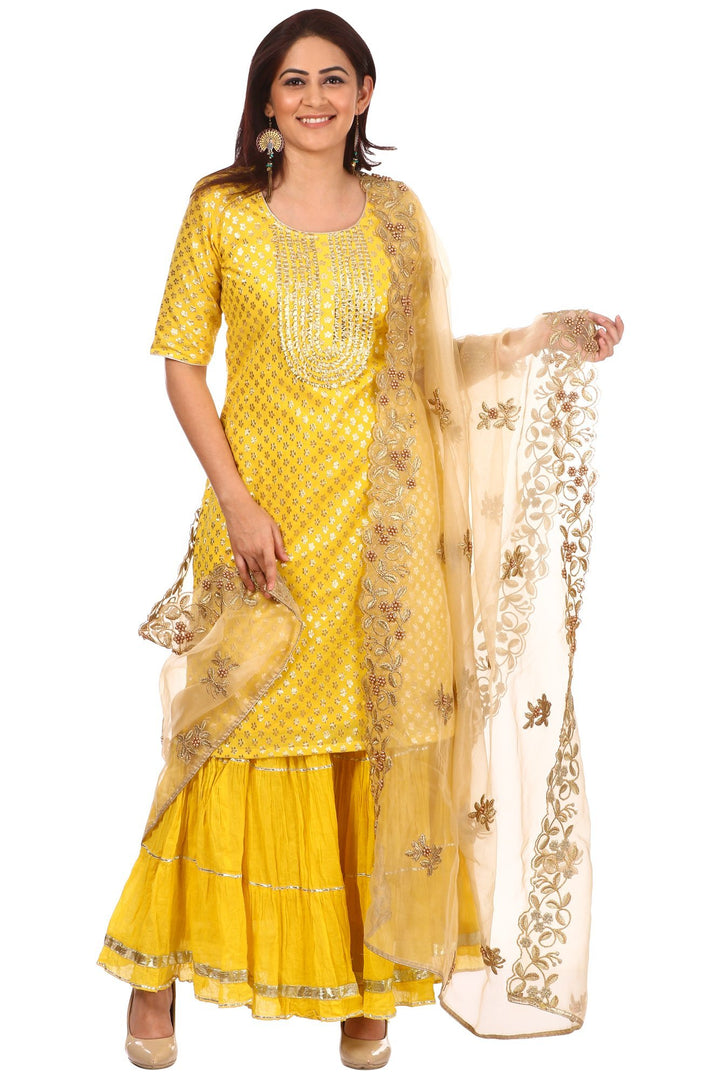 anokherang Combos Lemony Lemon Gotta Short Kurti with Gathered Sharara and Gold Pearl Thread Embroidered Dupatta