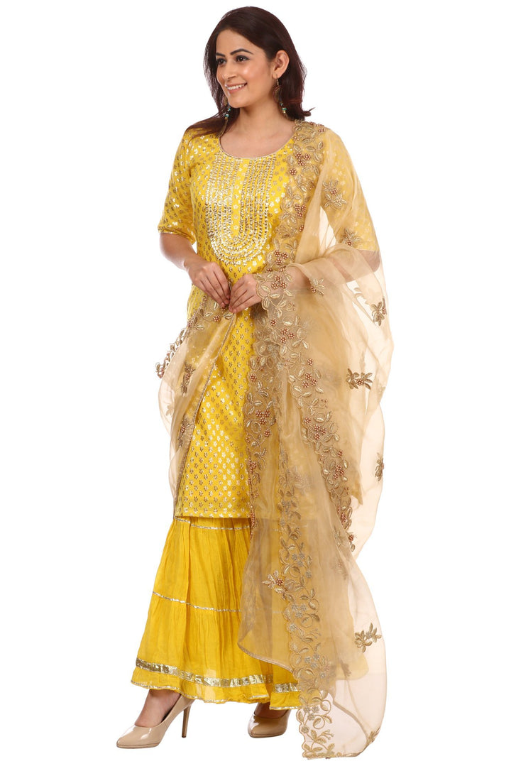anokherang Combos Lemony Lemon Gotta Short Kurti with Gathered Sharara and Gold Pearl Thread Embroidered Dupatta