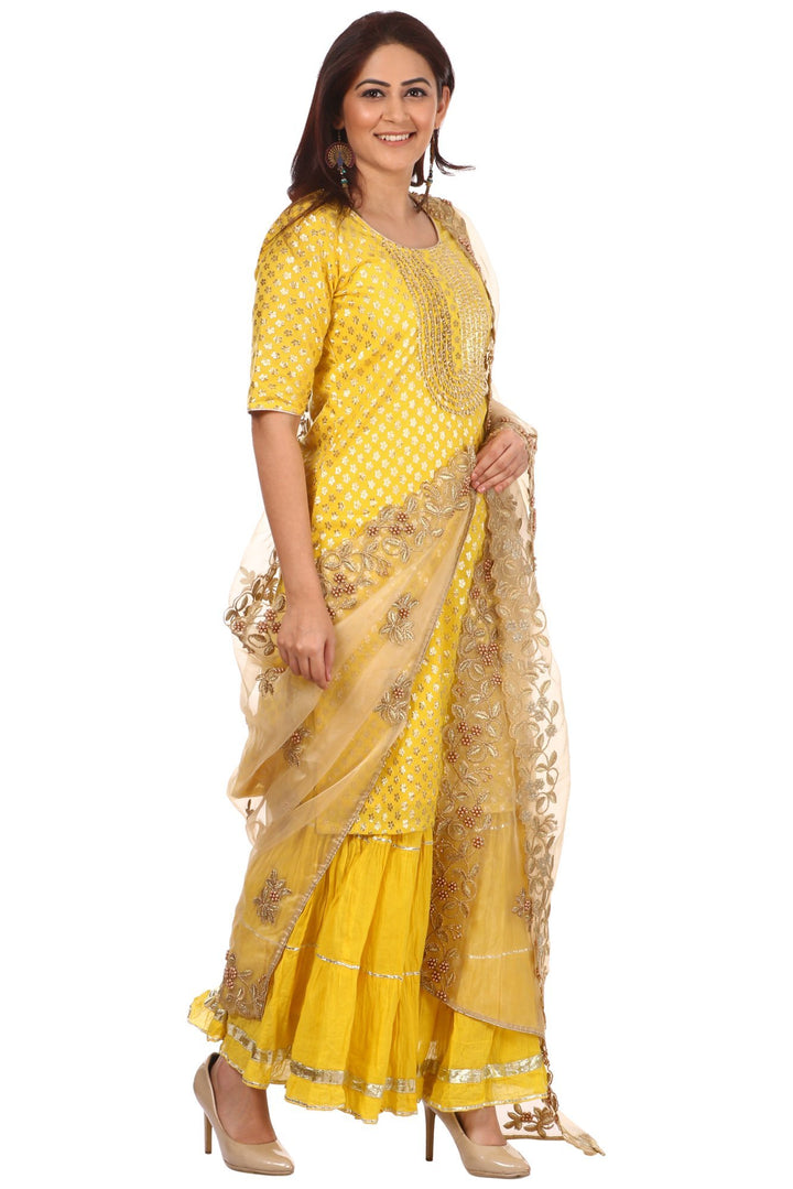 anokherang Combos Lemony Lemon Gotta Short Kurti with Gathered Sharara and Gold Pearl Thread Embroidered Dupatta