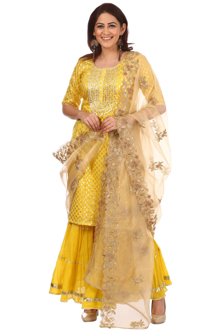 anokherang Combos Lemony Lemon Gotta Short Kurti with Gathered Sharara and Gold Pearl Thread Embroidered Dupatta