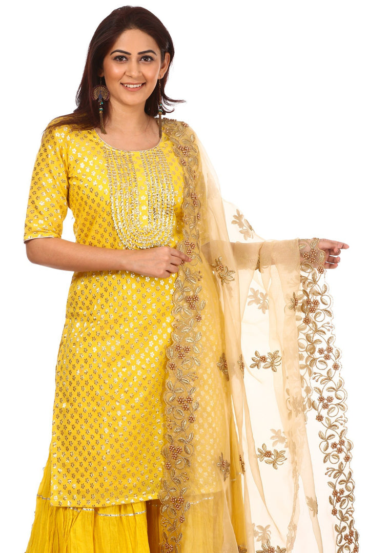 anokherang Combos Lemony Lemon Gotta Short Kurti with Gathered Sharara and Gold Pearl Thread Embroidered Dupatta