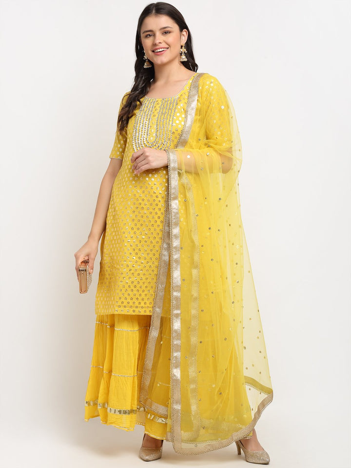 anokherang Combos Lemony Lemon Gotta Short Kurti with Gathered Sharara and Sequenced Net Dupatta