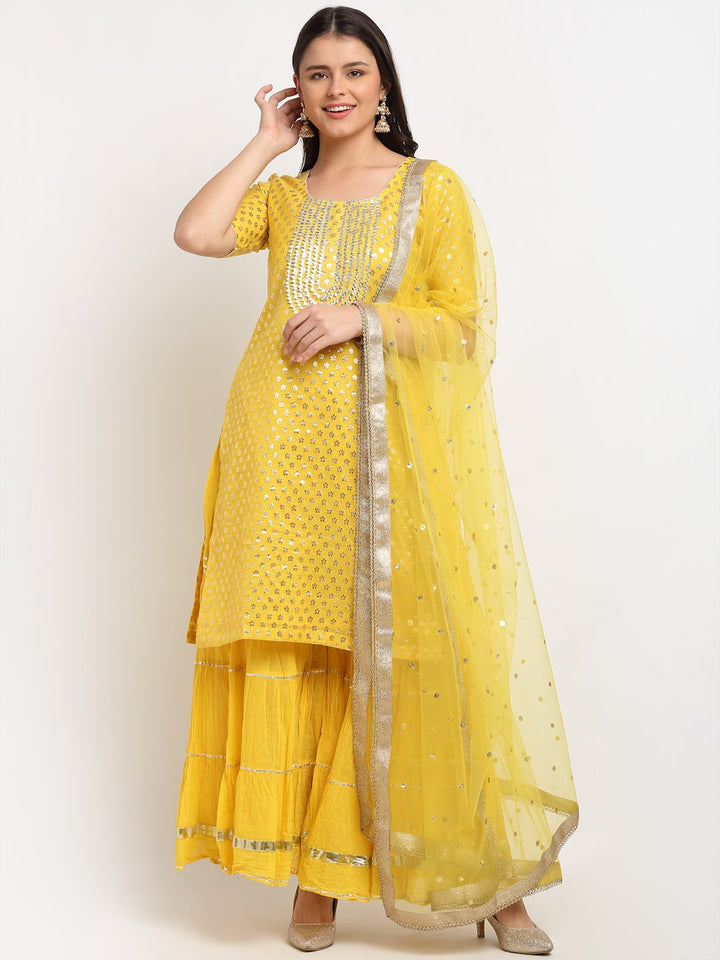anokherang Combos Lemony Lemon Gotta Short Kurti with Gathered Sharara and Sequenced Net Dupatta
