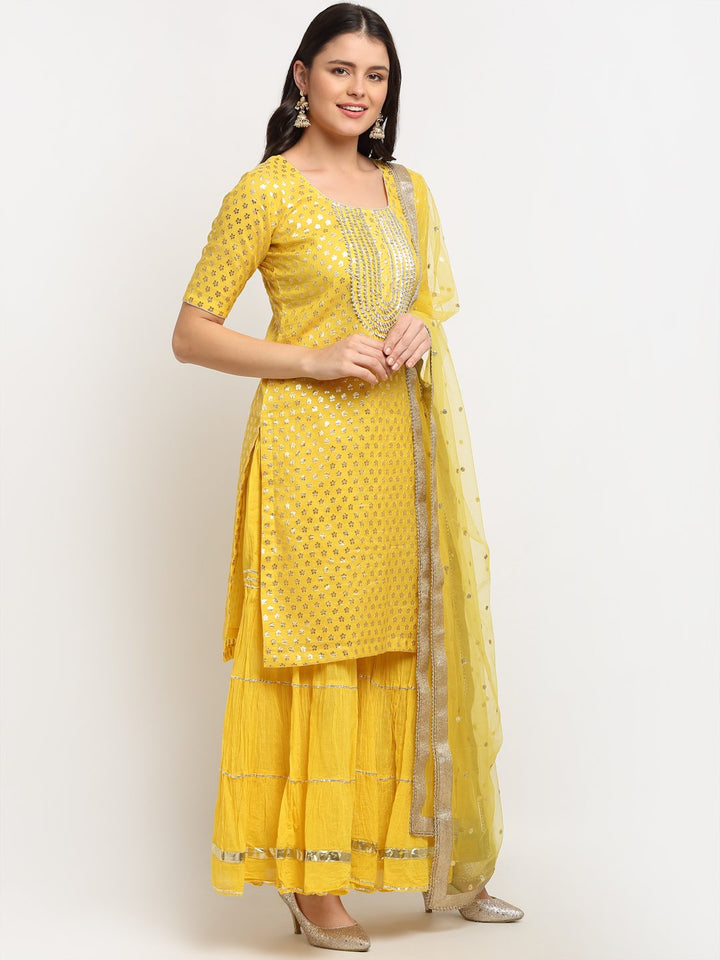 anokherang Combos Lemony Lemon Gotta Short Kurti with Gathered Sharara and Sequenced Net Dupatta