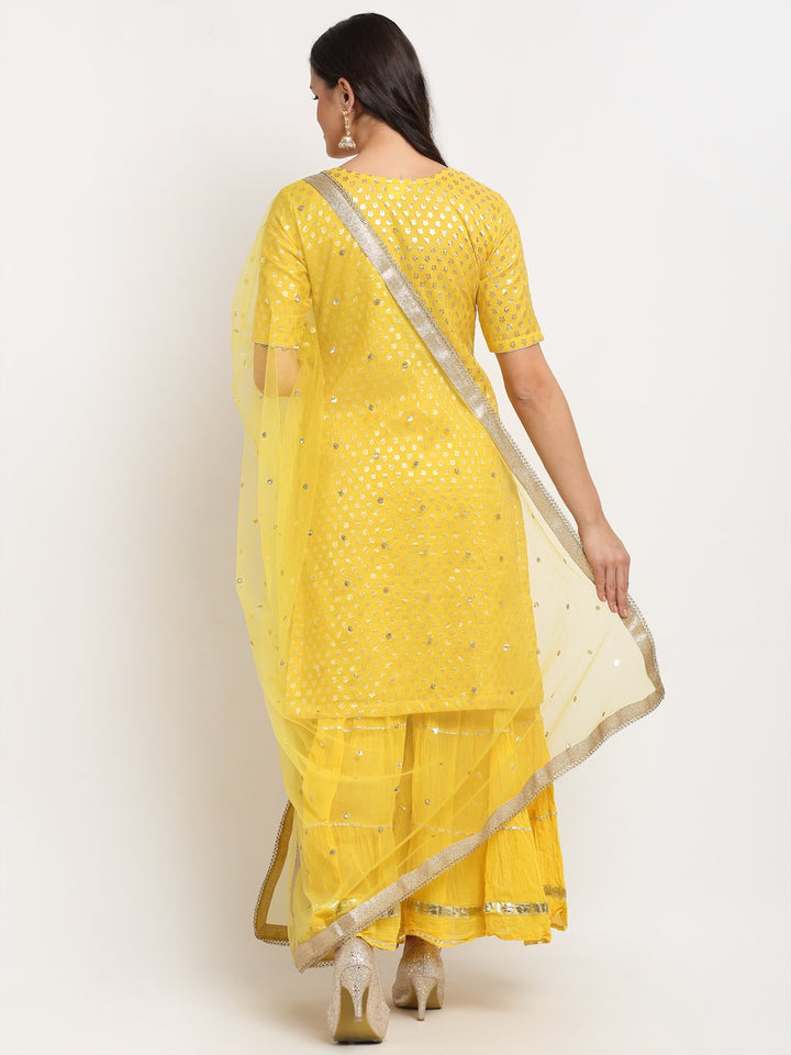 anokherang Combos Lemony Lemon Gotta Short Kurti with Gathered Sharara and Sequenced Net Dupatta