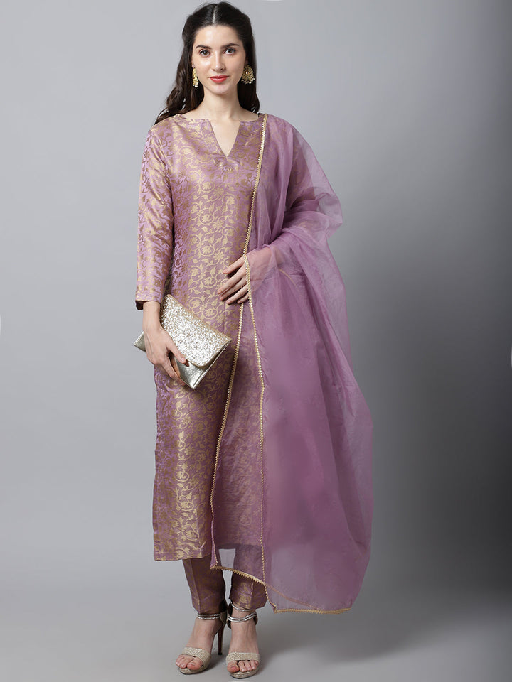 anokherang Combos Lilac Charm Brocade Straight Kurti with Straight Pants And Organza Dupatta