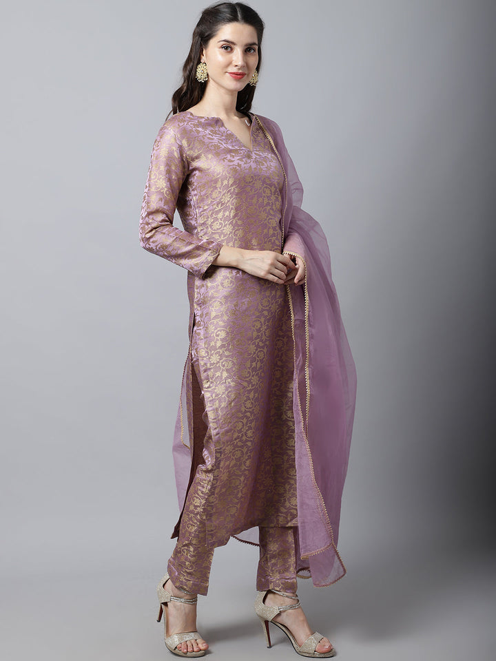 anokherang Combos Lilac Charm Brocade Straight Kurti with Straight Pants And Organza Dupatta