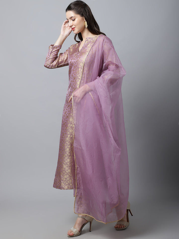 anokherang Combos Lilac Charm Brocade Straight Kurti with Straight Pants And Organza Dupatta
