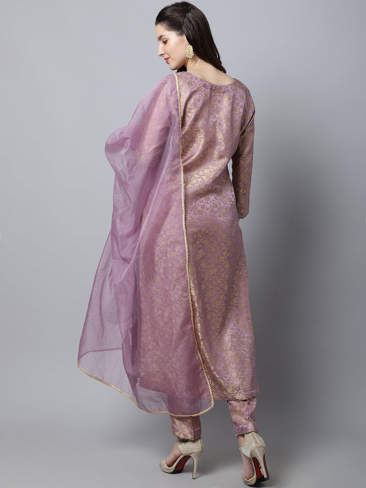 anokherang Combos Lilac Charm Brocade Straight Kurti with Straight Pants And Organza Dupatta