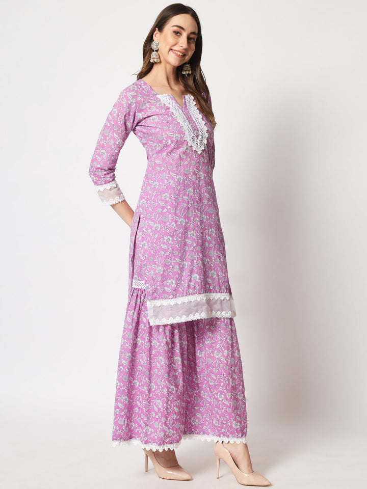 anokherang Combos Lilac Crochet kurti and sharara and Dupatta