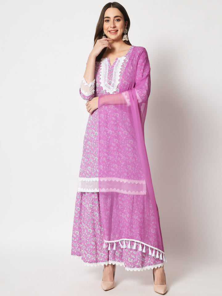 anokherang Combos Lilac Crochet kurti and sharara and Dupatta