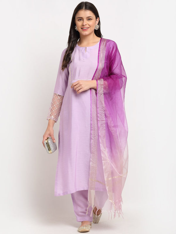 anokherang Combos Lilac Straight Kurti with Pants and Shaded Dupatta