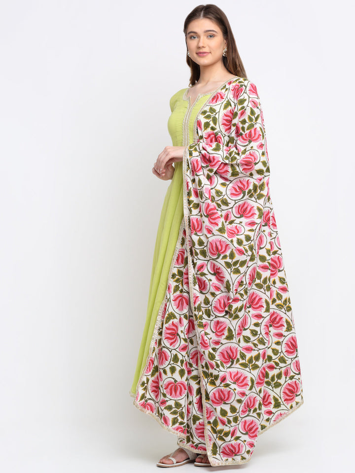 anokherang Combos Lime Green Anarkali with Pants and Printed Lotus Dupatta