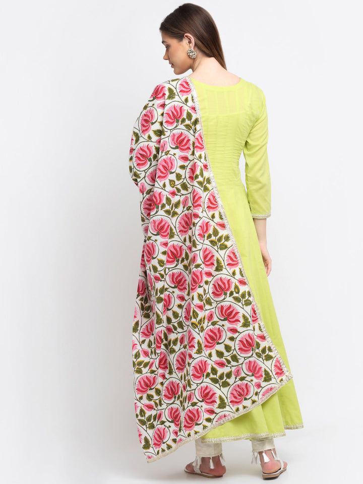 anokherang Combos Lime Green Anarkali with Pants and Printed Lotus Dupatta