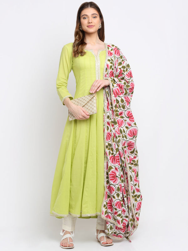 anokherang Combos Lime Green Anarkali with Pants and Printed Lotus Dupatta