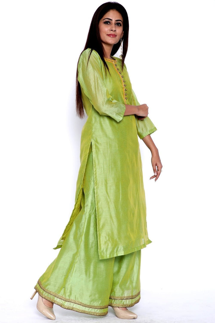 anokherang Combos Lime Green Chanderi Kurti with Flared Palazzo