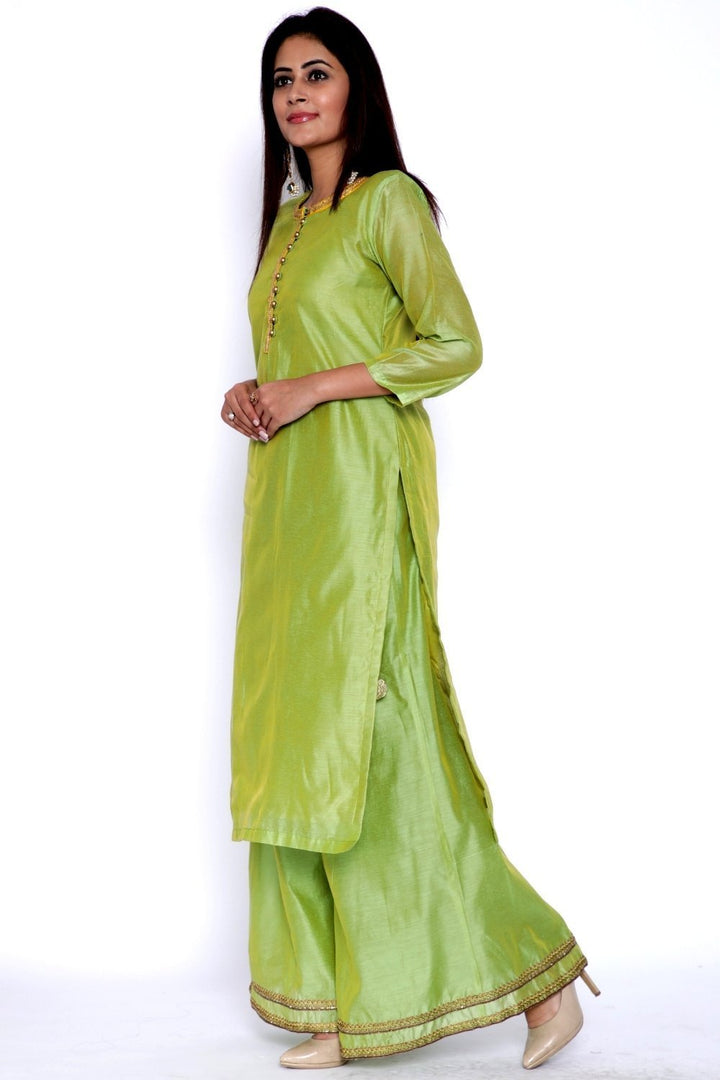 anokherang Combos Lime Green Chanderi Kurti with Flared Palazzo