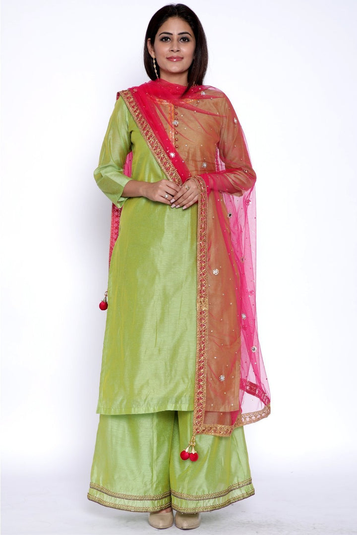 anokherang Combos Lime Green Chanderi Kurti with Flared Palazzo and Pink Net Dupatta with Mirrors