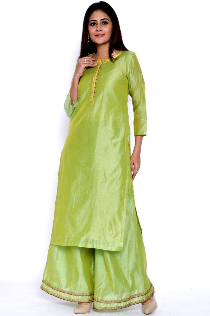 anokherang Combos Lime Green Chanderi Kurti with Flared Palazzo and Pink Net Dupatta with Mirrors