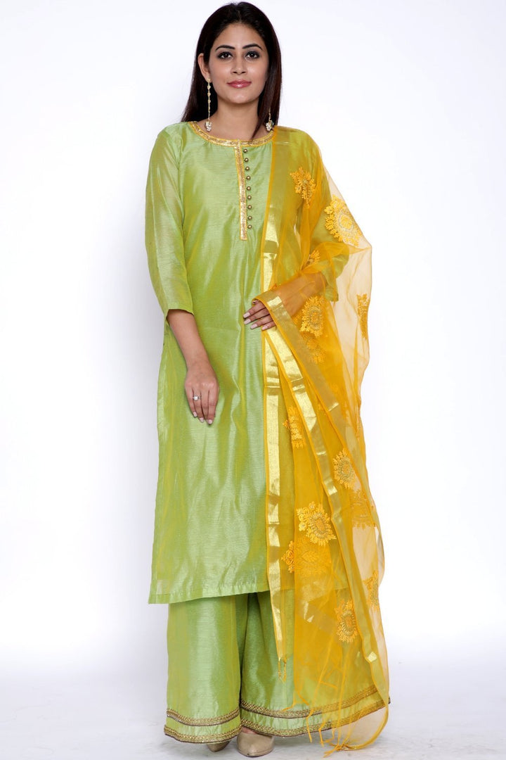 anokherang Combos Lime Green Chanderi Kurti with Flared Palazzo and Yellow Embroidered Dupatta