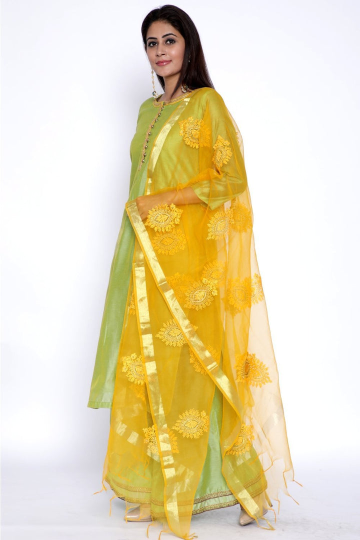 anokherang Combos Lime Green Chanderi Kurti with Flared Palazzo and Yellow Embroidered Dupatta