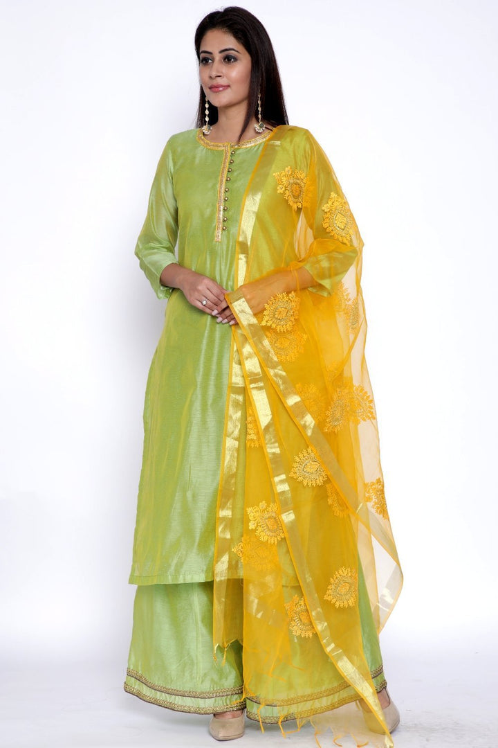 anokherang Combos Lime Green Chanderi Kurti with Flared Palazzo and Yellow Embroidered Dupatta