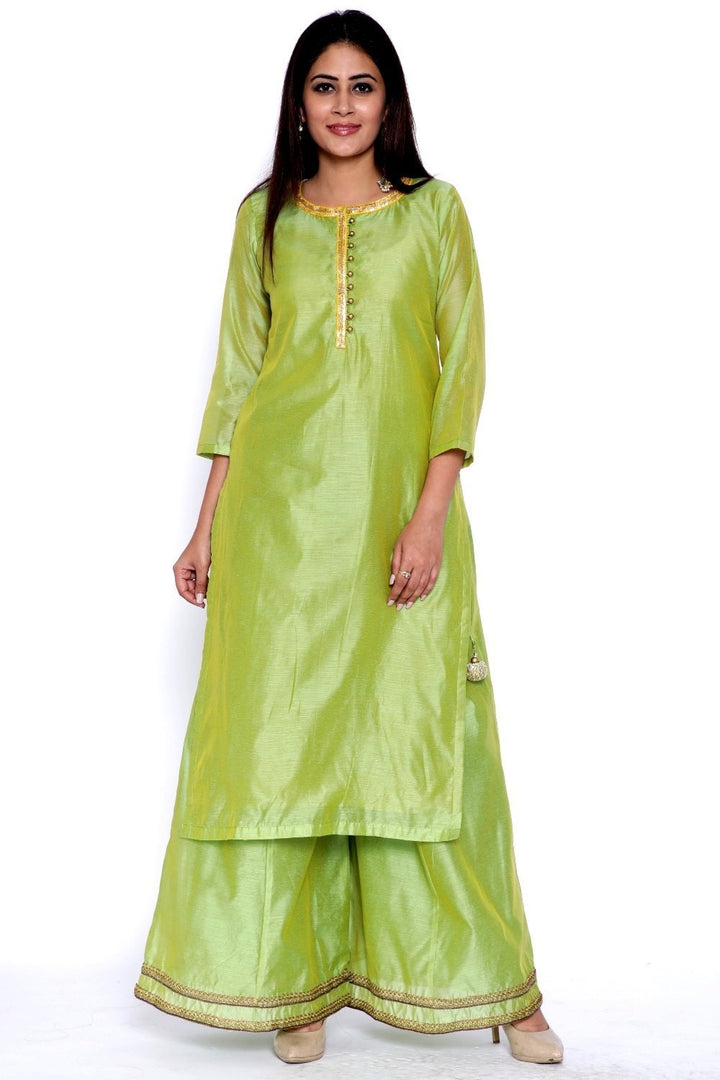 anokherang Combos Lime Green Chanderi Kurti with Flared Palazzo and Yellow Embroidered Dupatta