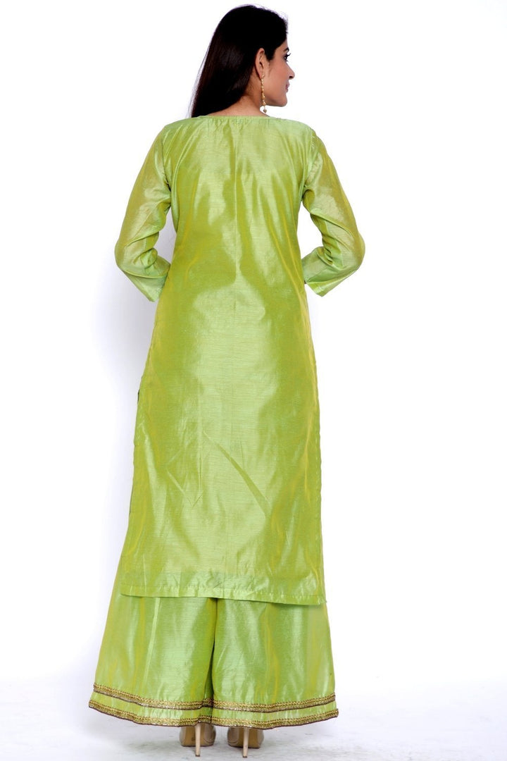 anokherang Combos Lime Green Chanderi Kurti with Flared Palazzo and Yellow Embroidered Dupatta