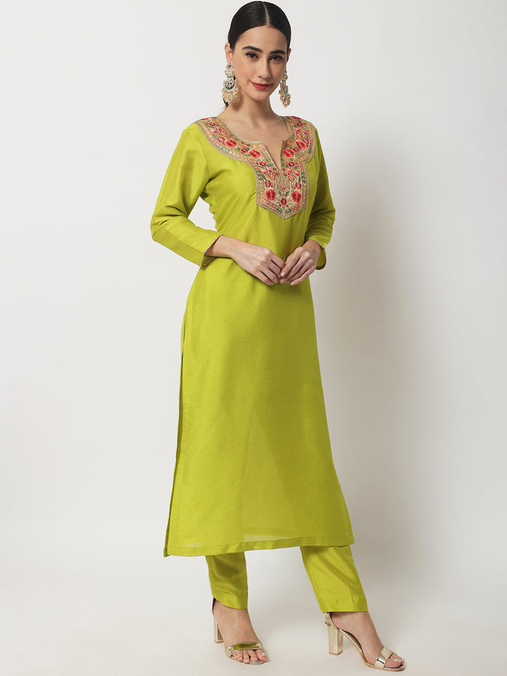 anokherang Combos Lime Green Floral Embroidered Kurti with Straight Pants