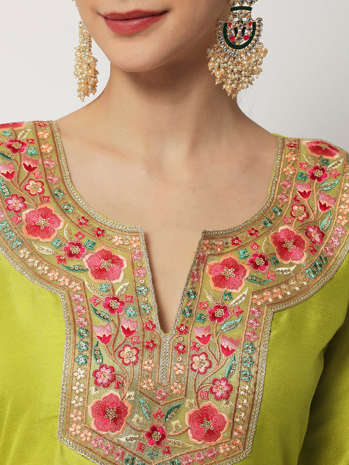anokherang Combos Lime Green Floral Embroidered Kurti with Straight Pants