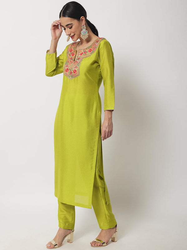anokherang Combos Lime Green Floral Embroidered Kurti with Straight Pants