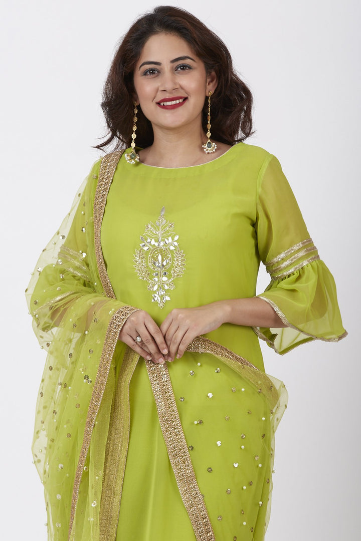 anokherang Combos Lime Green Georgette Gotta Embroidered Kurti and Churidar with Net Pearl Sequin Dupatta