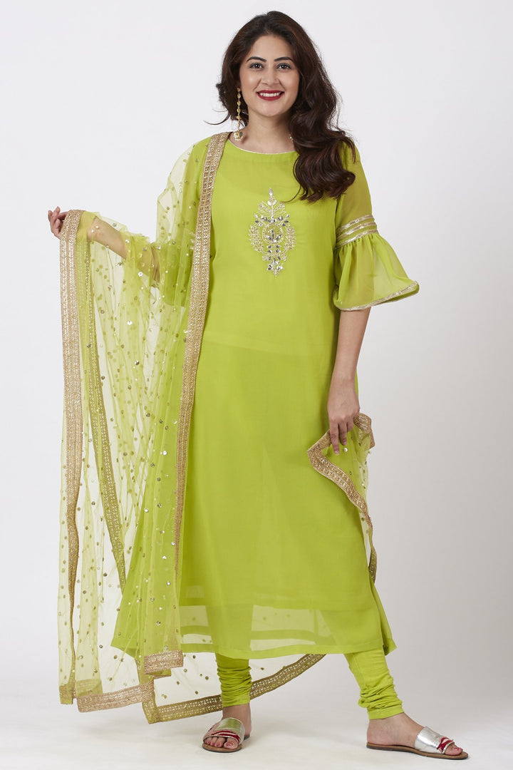 anokherang Combos Lime Green Georgette Gotta Embroidered Kurti and Churidar with Net Pearl Sequin Dupatta