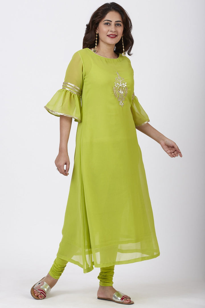 anokherang Combos Lime Green Georgette Gotta Embroidered Kurti with Churidar