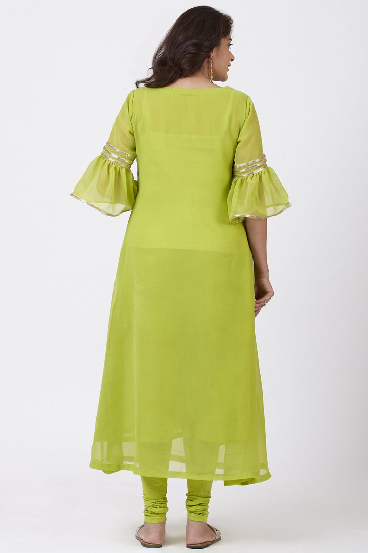 anokherang Combos Lime Green Georgette Gotta Embroidered Kurti with Churidar