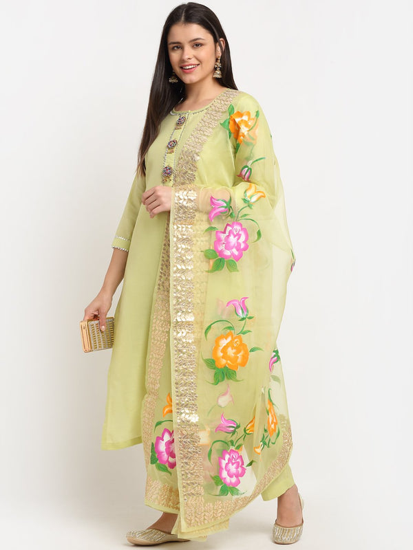 anokherang Combos Lime Green Gotta Straight Kurti with Straight Pants with Hand Painted Organza Dupatta